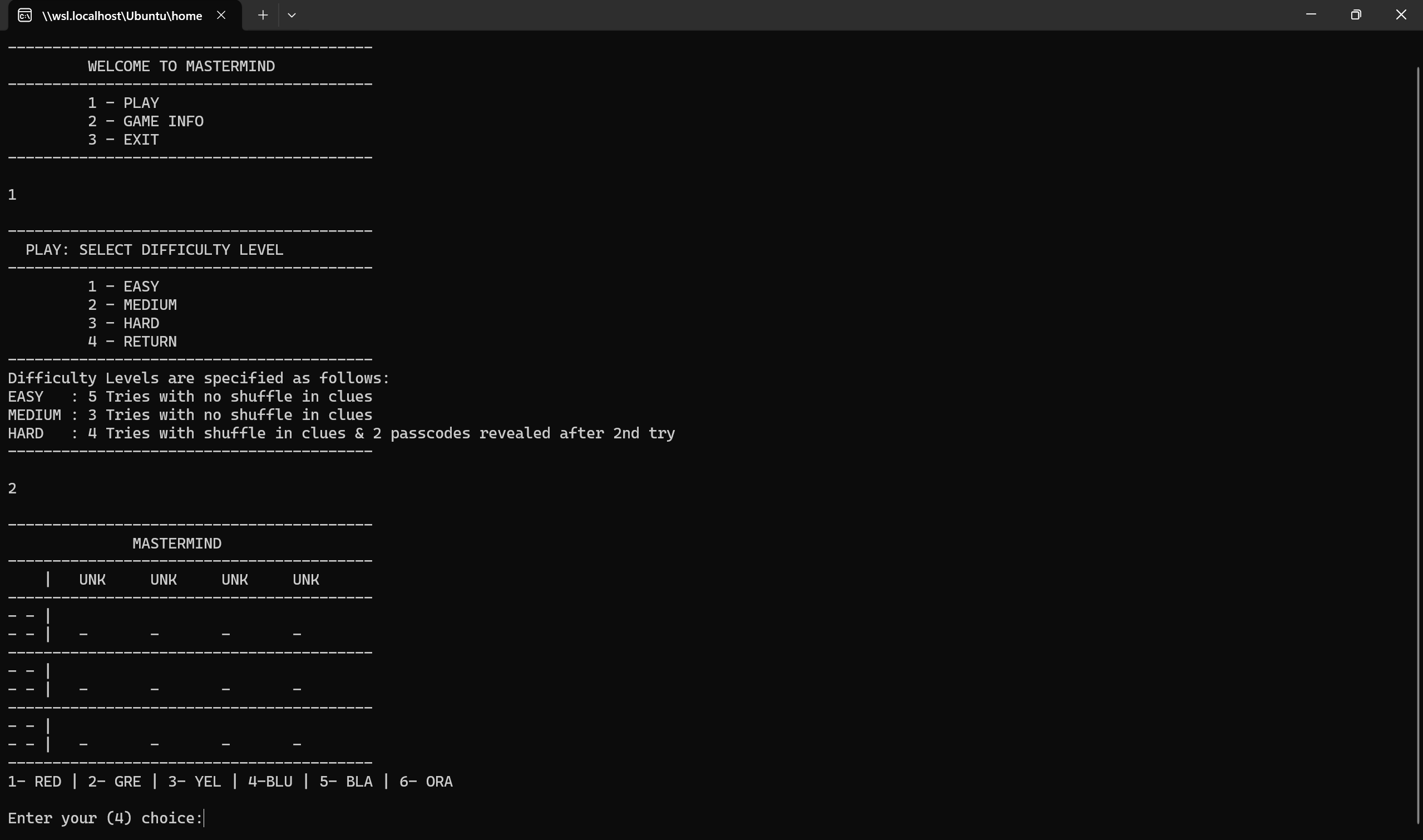 MasterMind Game Interface